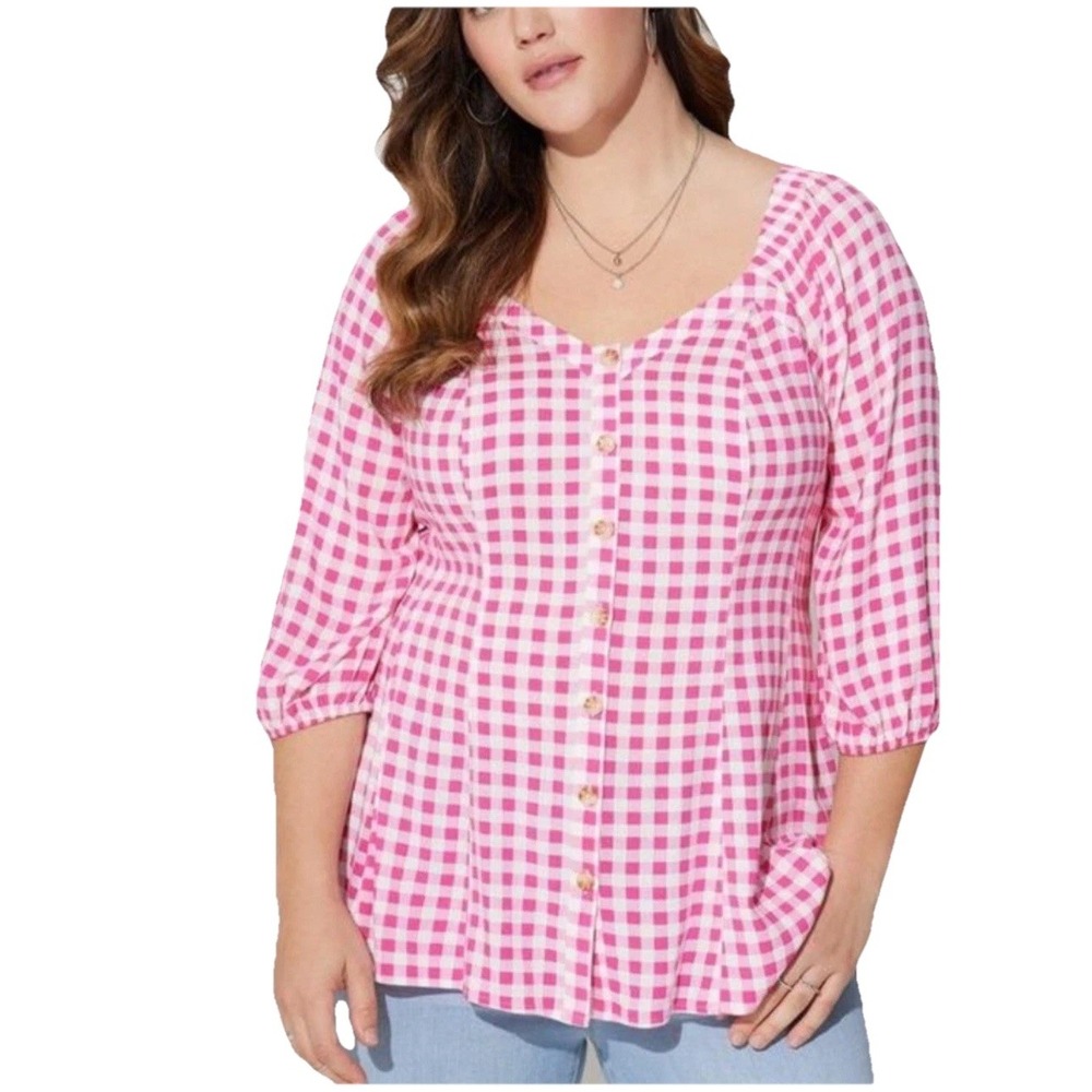 Torrid Slub Button Up Top Womens Sz 2X Pink Gingham Preppy Casual Everyday‎